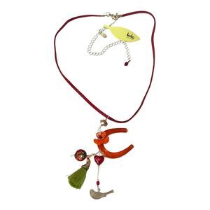 Lalo Charm Necklace Acrylic Horseshoe Ladybug Silver Bird Red Leather 19-25" Vtg